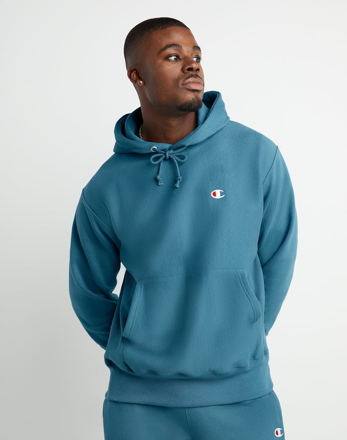 Champion Reverse Weave C Logo Erkek Kapşonlu Sweatshirt Mavi ( CJIEFX027 )